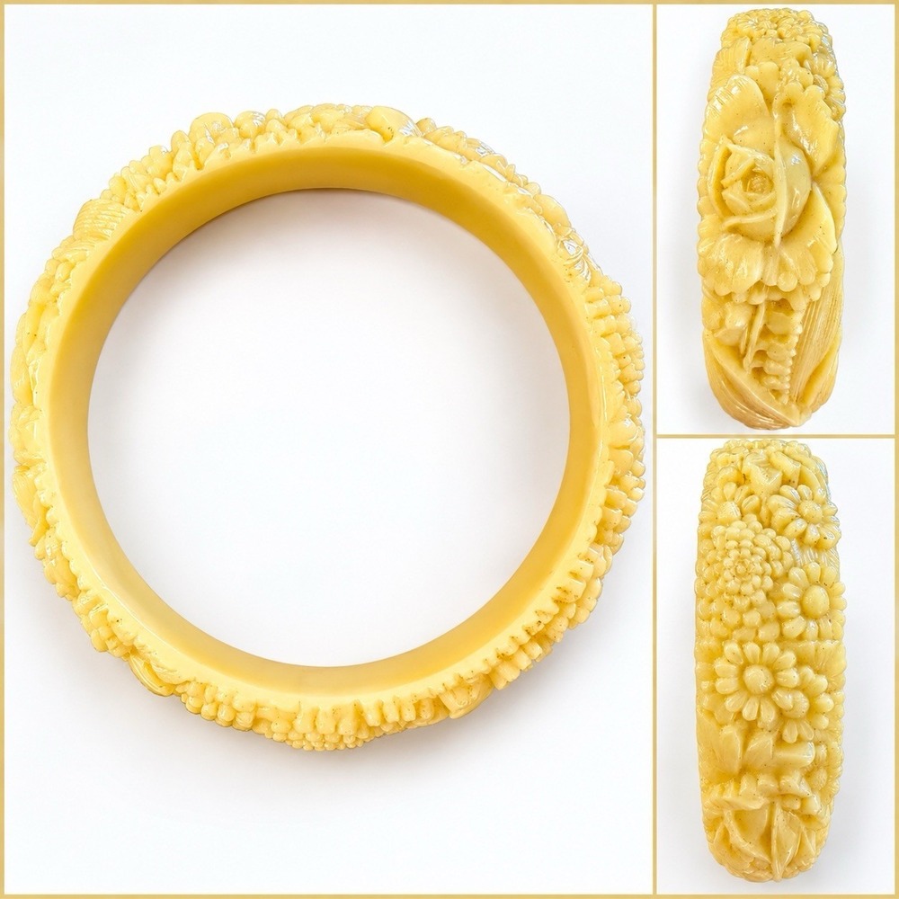 Vintage Celluloid Bracelet Flower Motif Cream Boho Romantic Retro Statement
